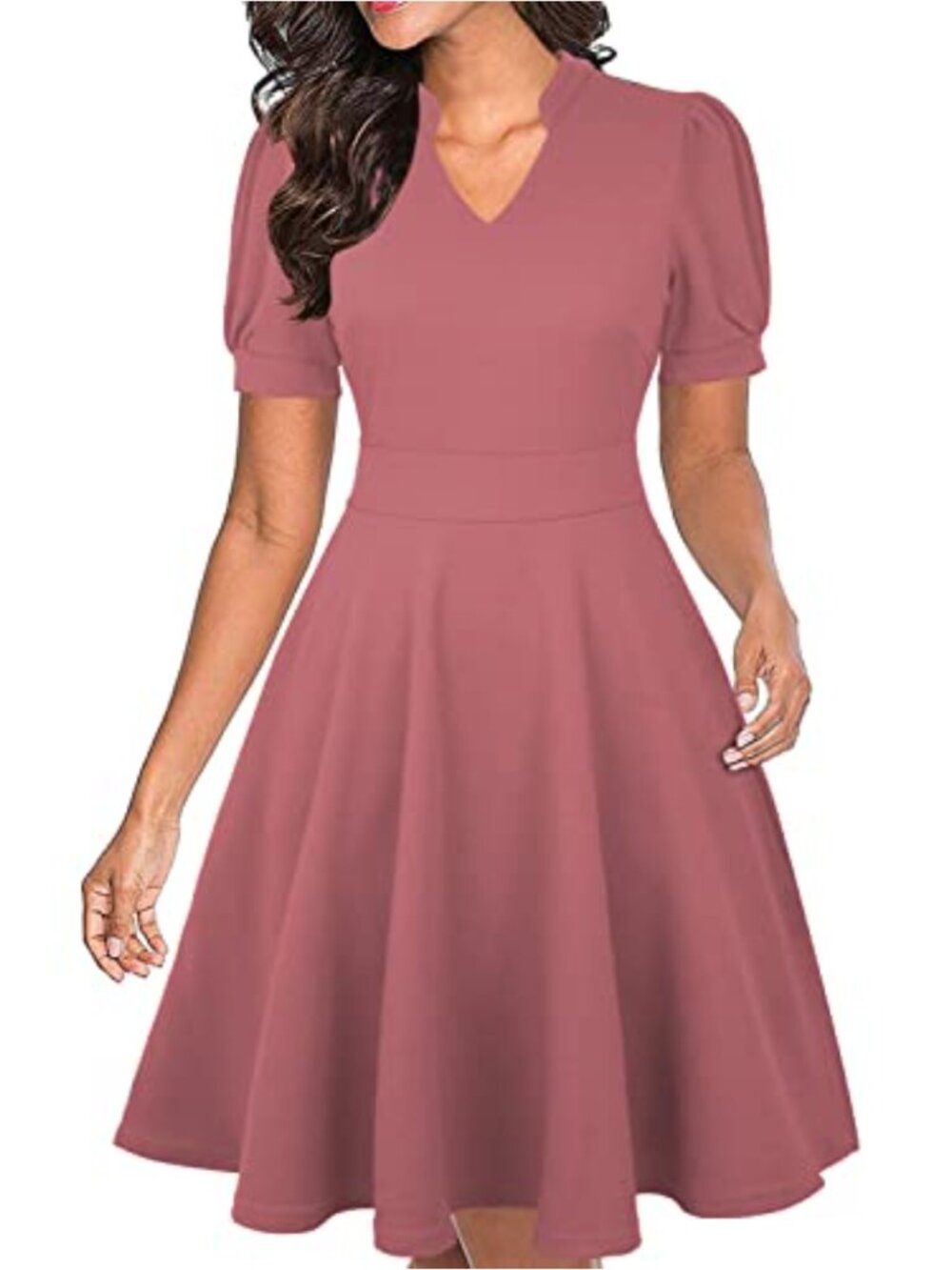 V Neck Empire Waist Flared Swing Work Dress with Pockets